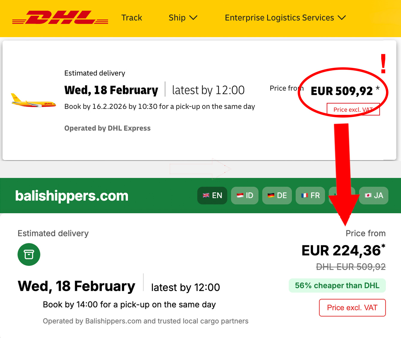 BaliShippers vs DHL price comparison – save up to 56%